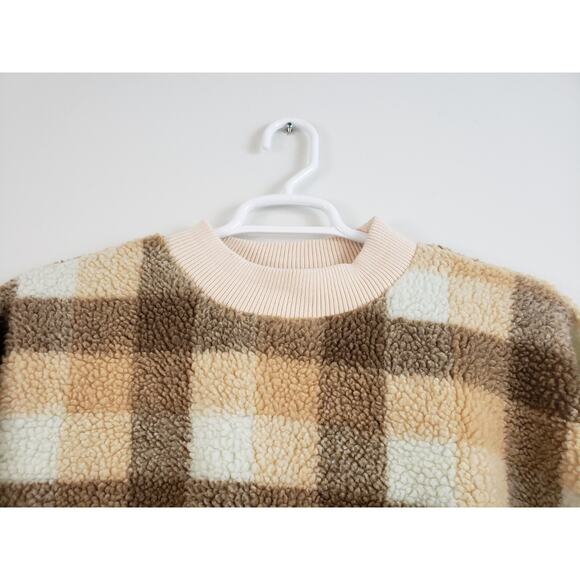 (Ju) Simplee Gingham Womens Sweater Size L Drop Shoulder Teddy Pullover Cream - Picture 3 of 8